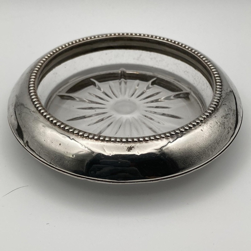 Vintage Sterling Silver & Cut Glass Starburst Coaster / Frank M. Whiting Design‎